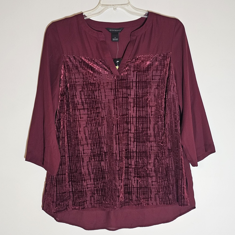 Investments‎ Blouse Womens Large Textured Velvet 3/4 Sleeve Tunic Top Pullover